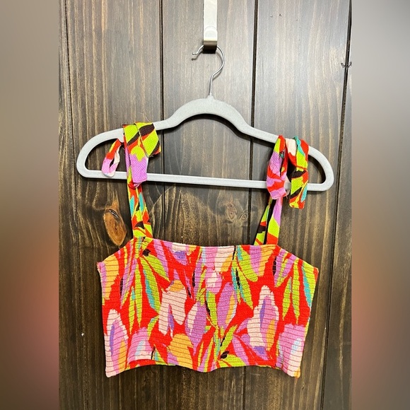 Lulus Red, Tropical-Multi Print Smocked Tie-Strap Top -
Size: XL - Picture 4 of 8